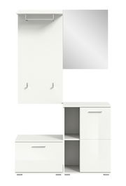 Weiße Garderobenkombination mit Spiegel, Haken, Ablage und Schrankelementen, frontale Ansicht.