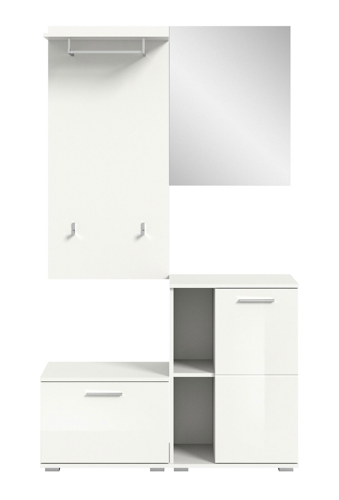 Weiße Garderobenkombination mit Spiegel, Haken, Ablage und Schrankelementen, frontale Ansicht.