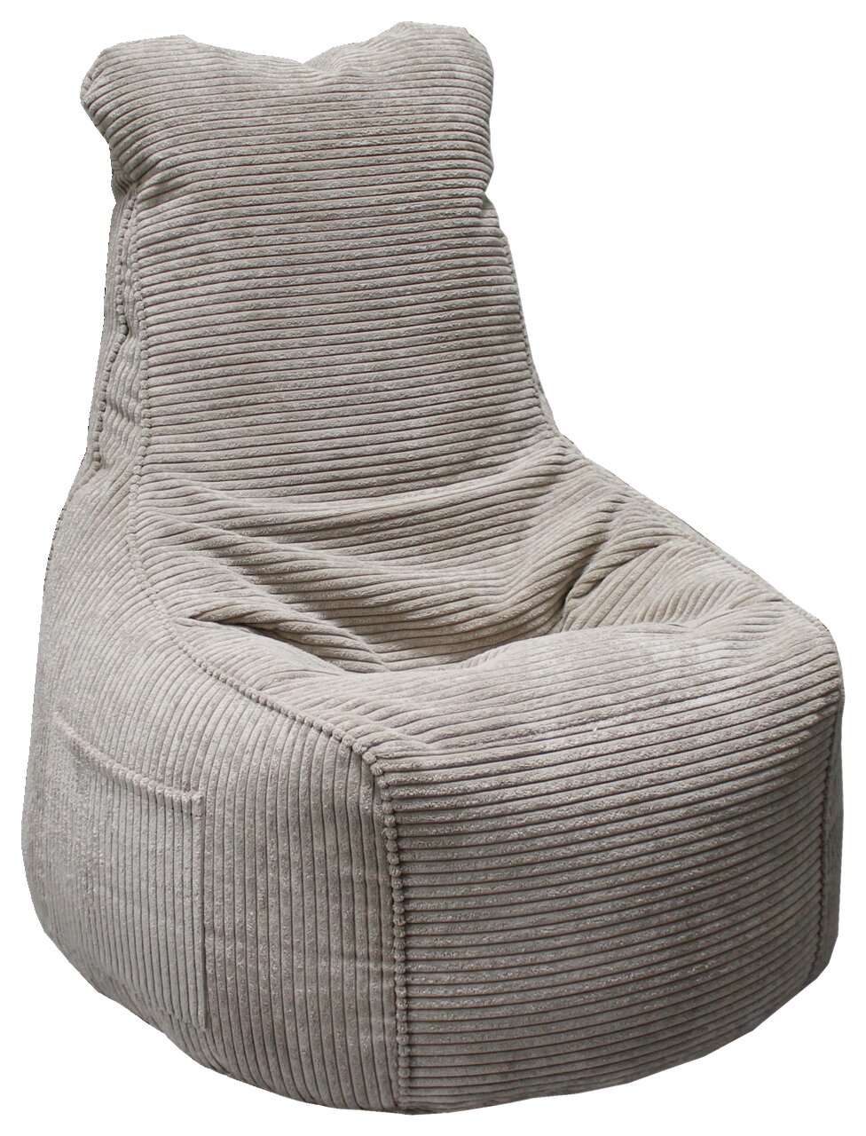 Bequemer grauer Sitzsack aus Cordstoff, seitliche Perspektive