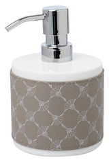 Seifenspender aus Porzellan mit elegantem Muster und verchromtem Pumpkopf, seitliche Perspektive