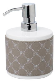 Seifenspender aus Porzellan mit elegantem Muster und verchromtem Pumpkopf, seitliche Perspektive