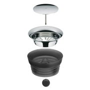 Explosionsansicht der Einzelteile einer Wasserkaraffe BASIC 1,5L, von oben nach unten: Deckel, Edelstahlsieb, Silikonverschluss und Kugel, auf weißem Hintergrund.