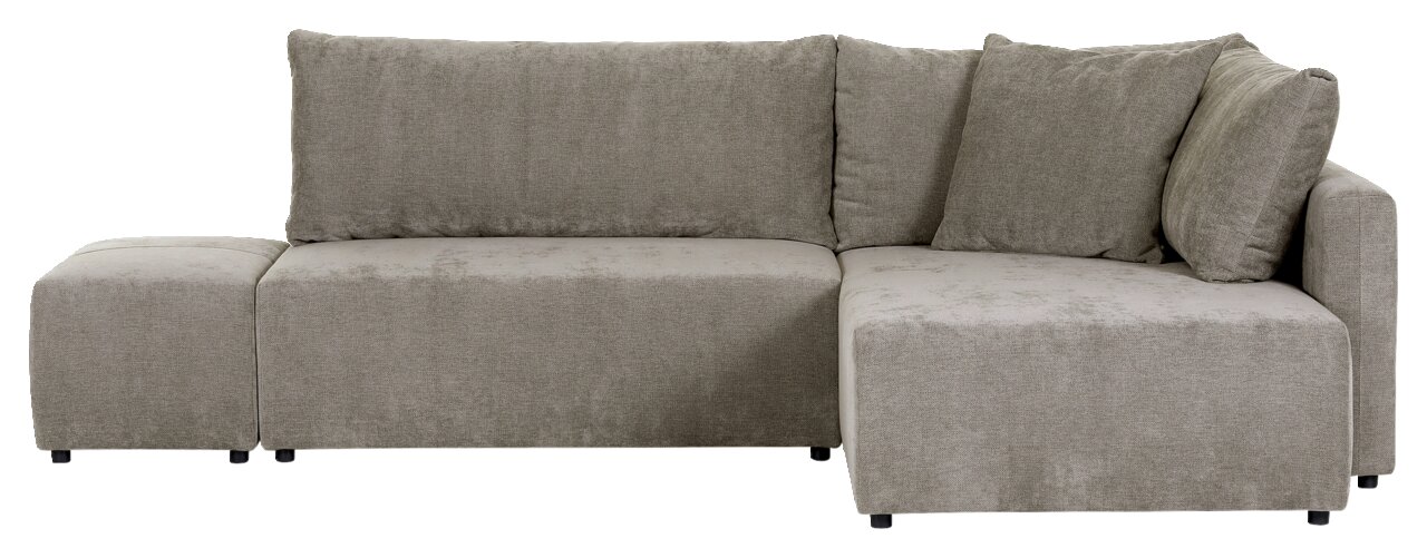 Graues Ecksofa SORIA mit zwei großen Kissen, Ansicht von vorne.
