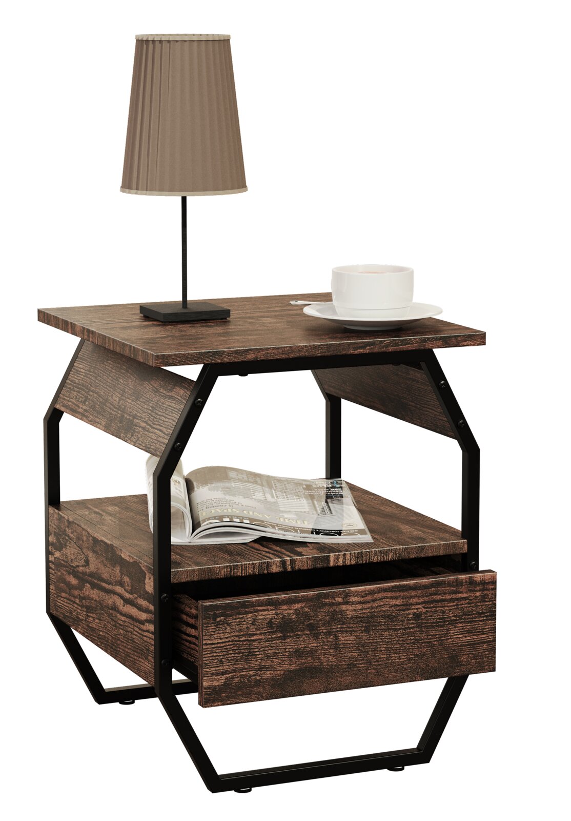 Moderner Beistelltisch im Industrial-Design mit dunkler Holzoptik, schwarzem Metallrahmen, Ablagefach und Schublade, schräg von vorne in leichter Aufsicht dargestellt; oben stehen eine Tischlampe und eine Tasse.