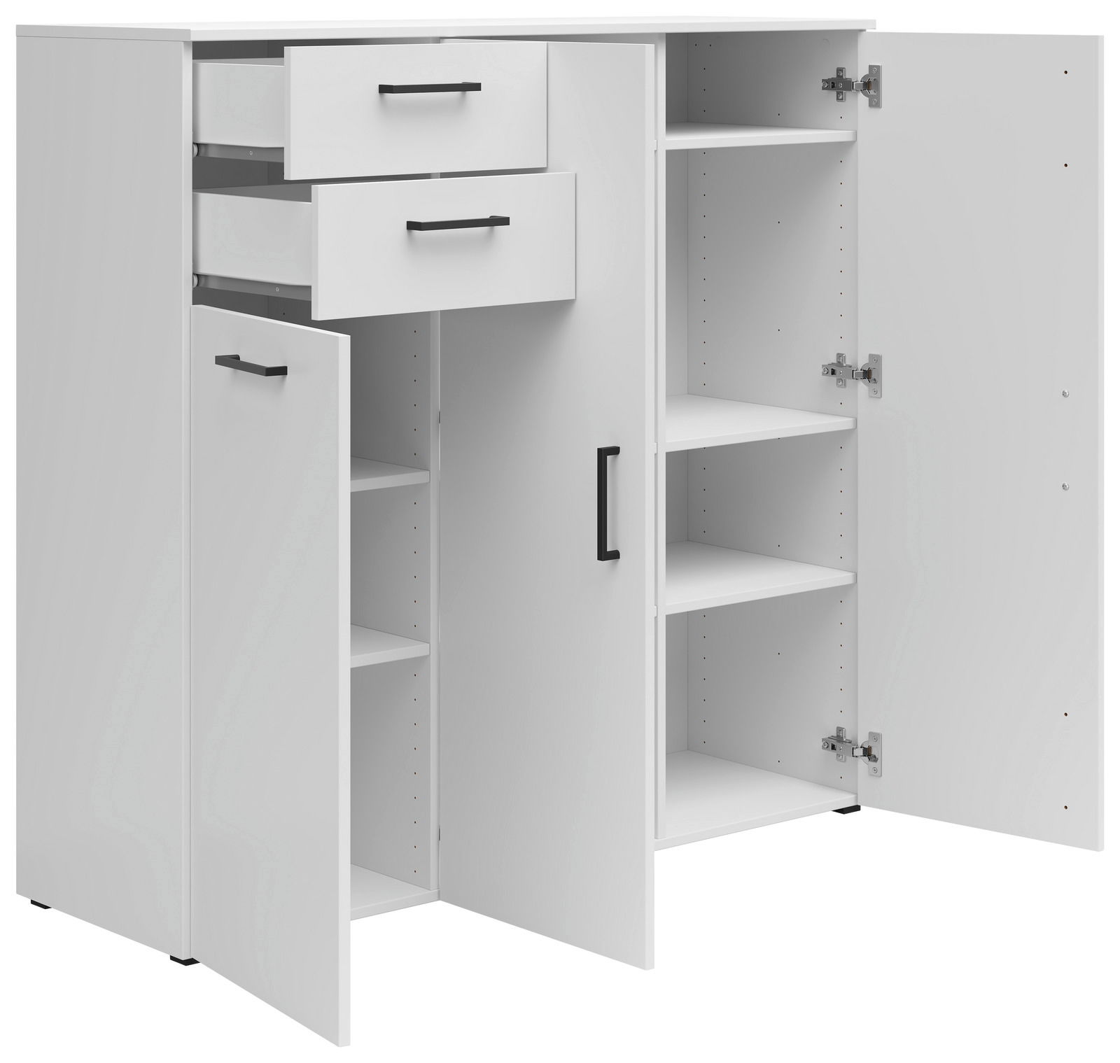 Weiße Kommode mit mehreren offenen Türen und Schubladen, seitliche Perspektive