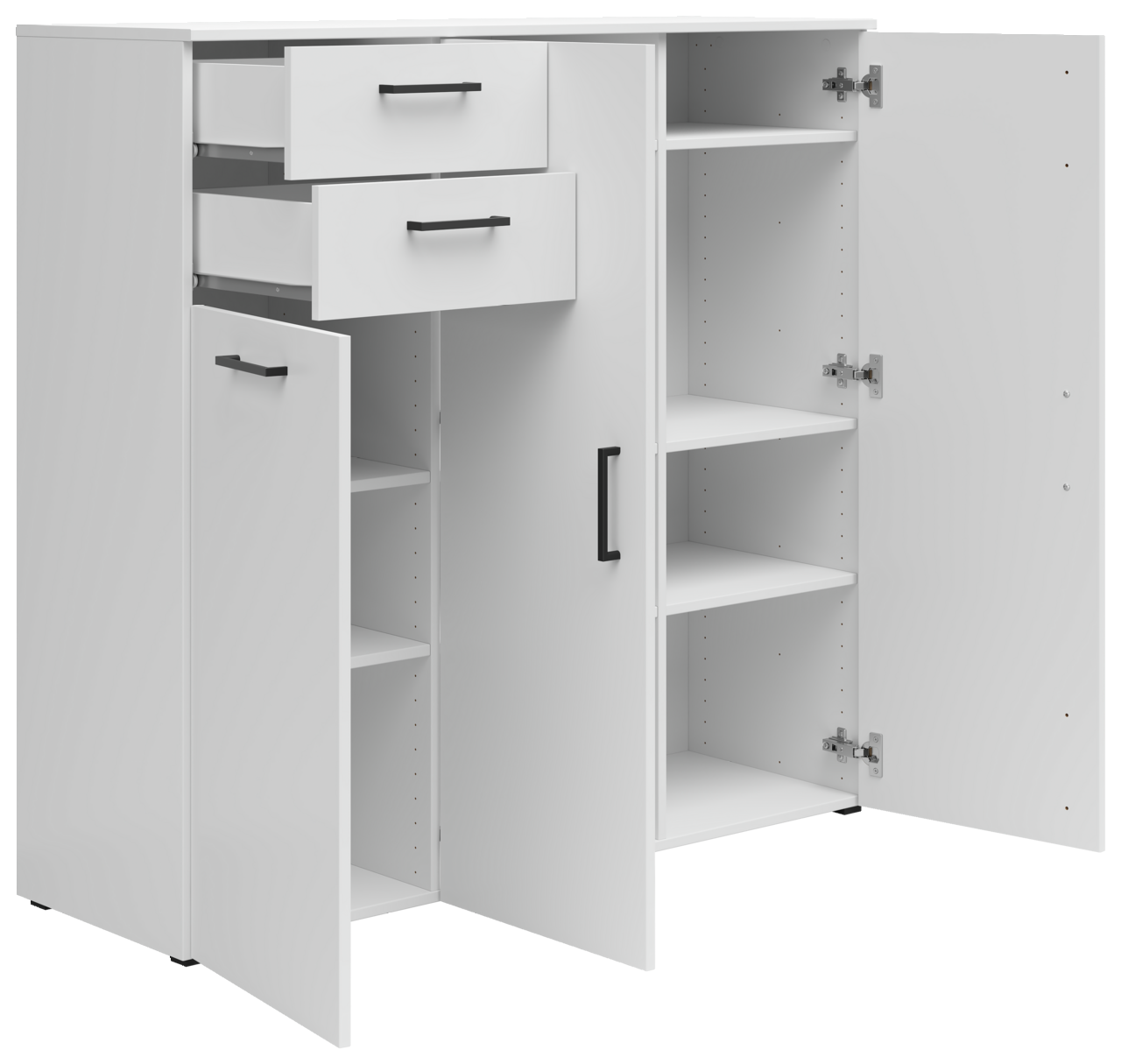 Weiße Kommode mit mehreren offenen Türen und Schubladen, seitliche Perspektive