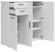 Weiße Kommode mit mehreren offenen Türen und Schubladen, seitliche Perspektive