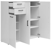 Weiße Kommode mit mehreren offenen Türen und Schubladen, seitliche Perspektive