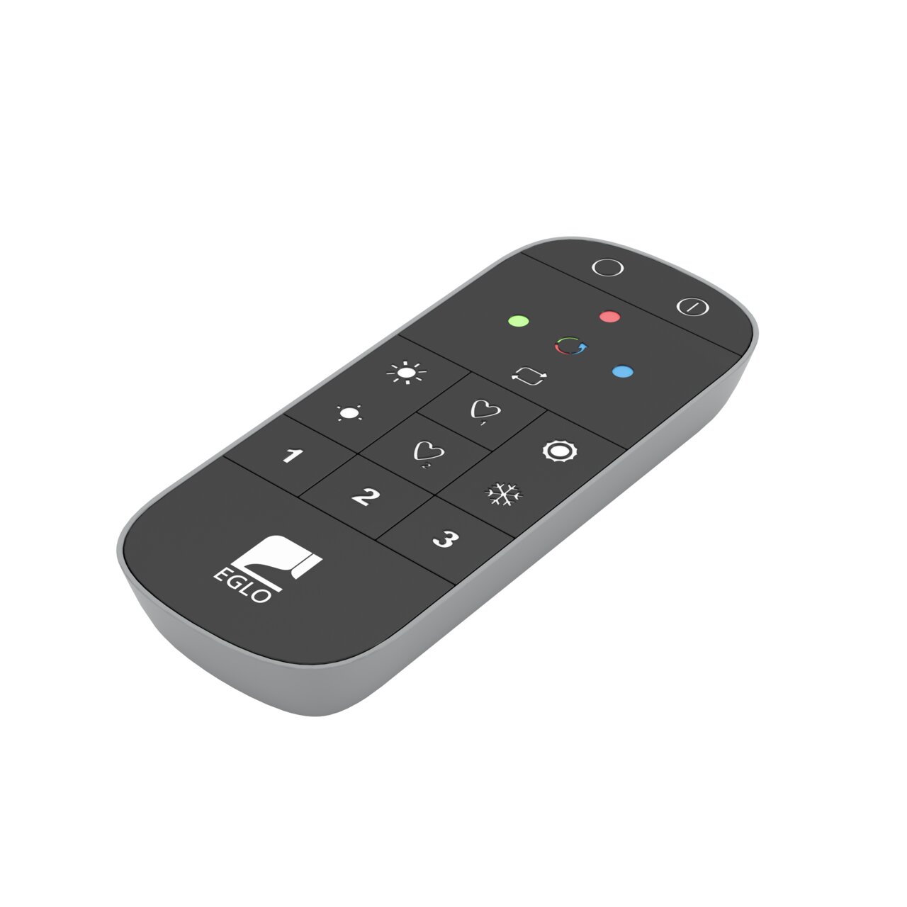 ZIGBEE Fernbedienung CONNECT Z in schräger Draufsicht mit Tasten für Lichtsteuerung und Farbwahl.