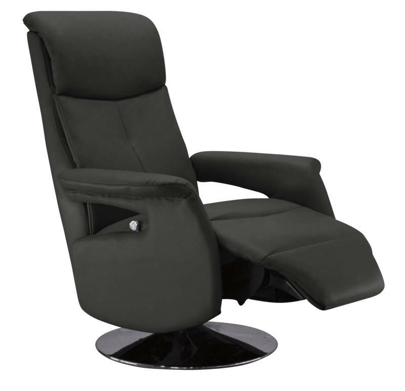 Schwarzer Fernsehsessel mit verstellbarer Rückenlehne und Fußstütze, seitliche Perspektive