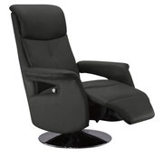 Schwarzer Fernsehsessel mit verstellbarer Rückenlehne und Fußstütze, seitliche Perspektive