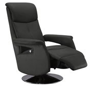 Schwarzer Fernsehsessel mit verstellbarer Rückenlehne und Fußstütze, seitliche Perspektive