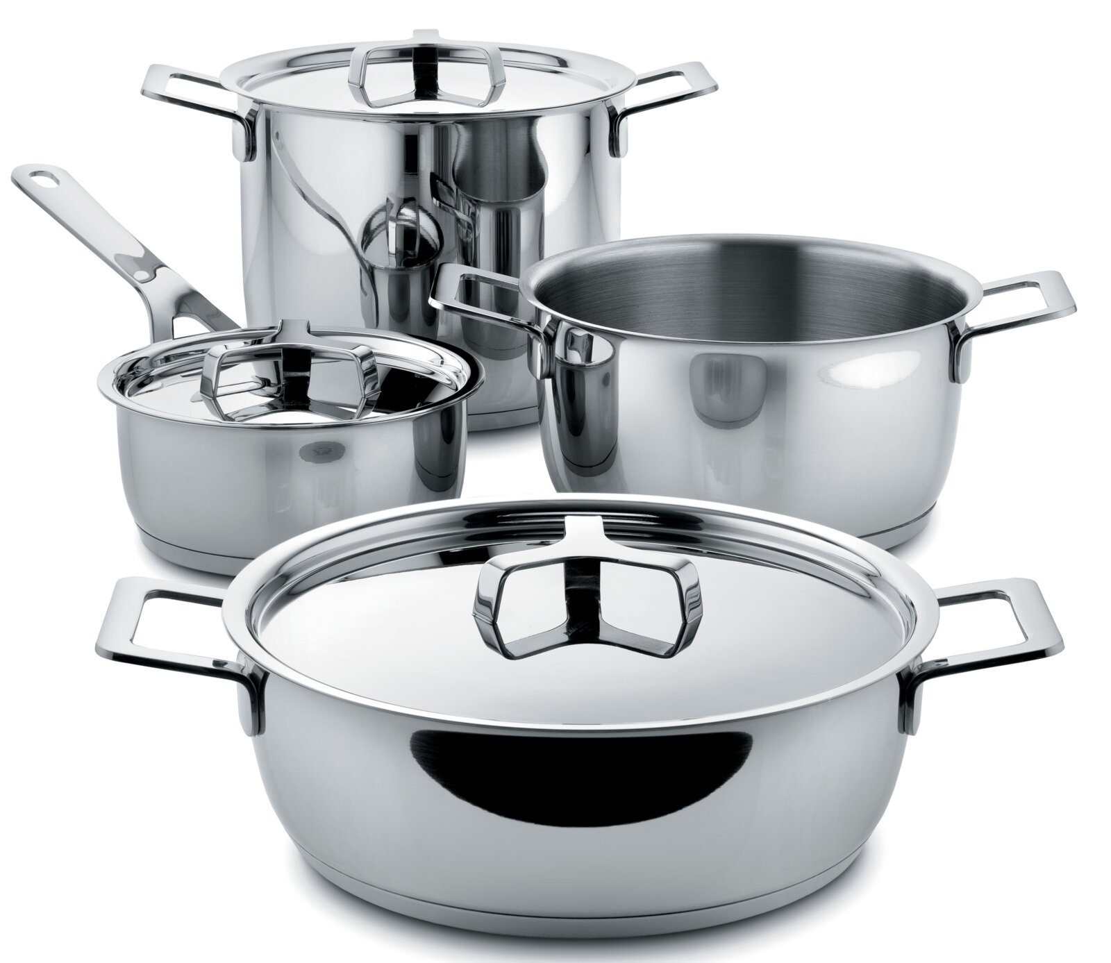 Topfset 7-teilig aus Edelstahl, bestehend aus verschiedenen Töpfen und Pfannen mit Deckeln, in einer frontalen Perspektive.
