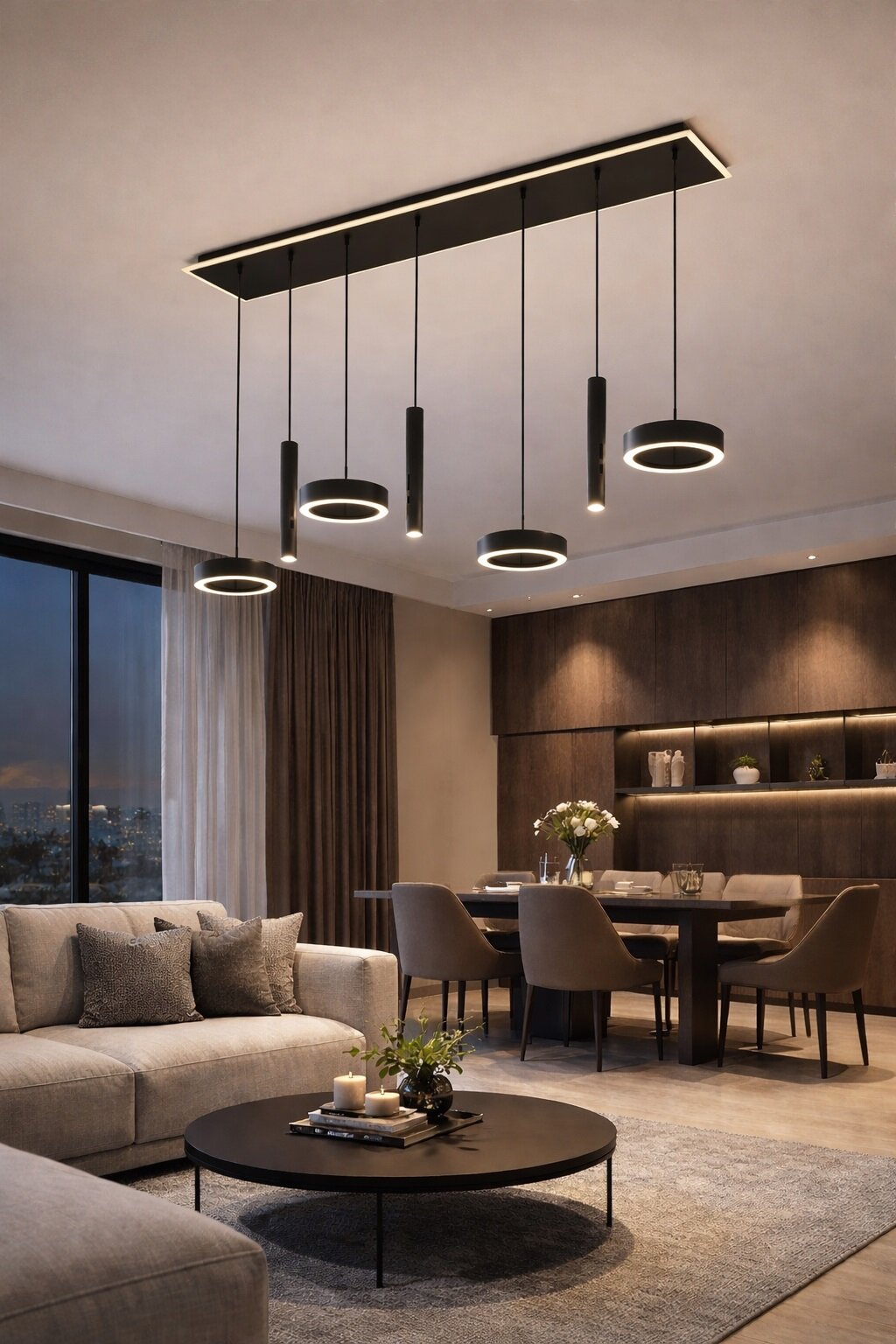Moderne zwarte LED-hanglamp met vier ringvormige en drie cilindervormige lichtbronnen, vanuit schuin onderaanzicht in een stijlvol woon- en eetkamerinterieur