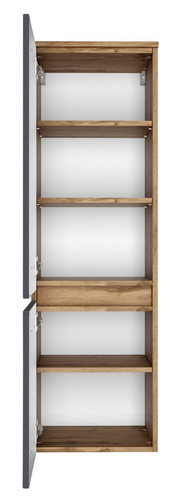 Offener Midischrank mit fünf Holzregalböden, Ansicht von vorne.