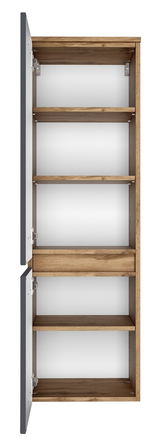 Offener Midischrank mit fünf Holzregalböden, Ansicht von vorne.