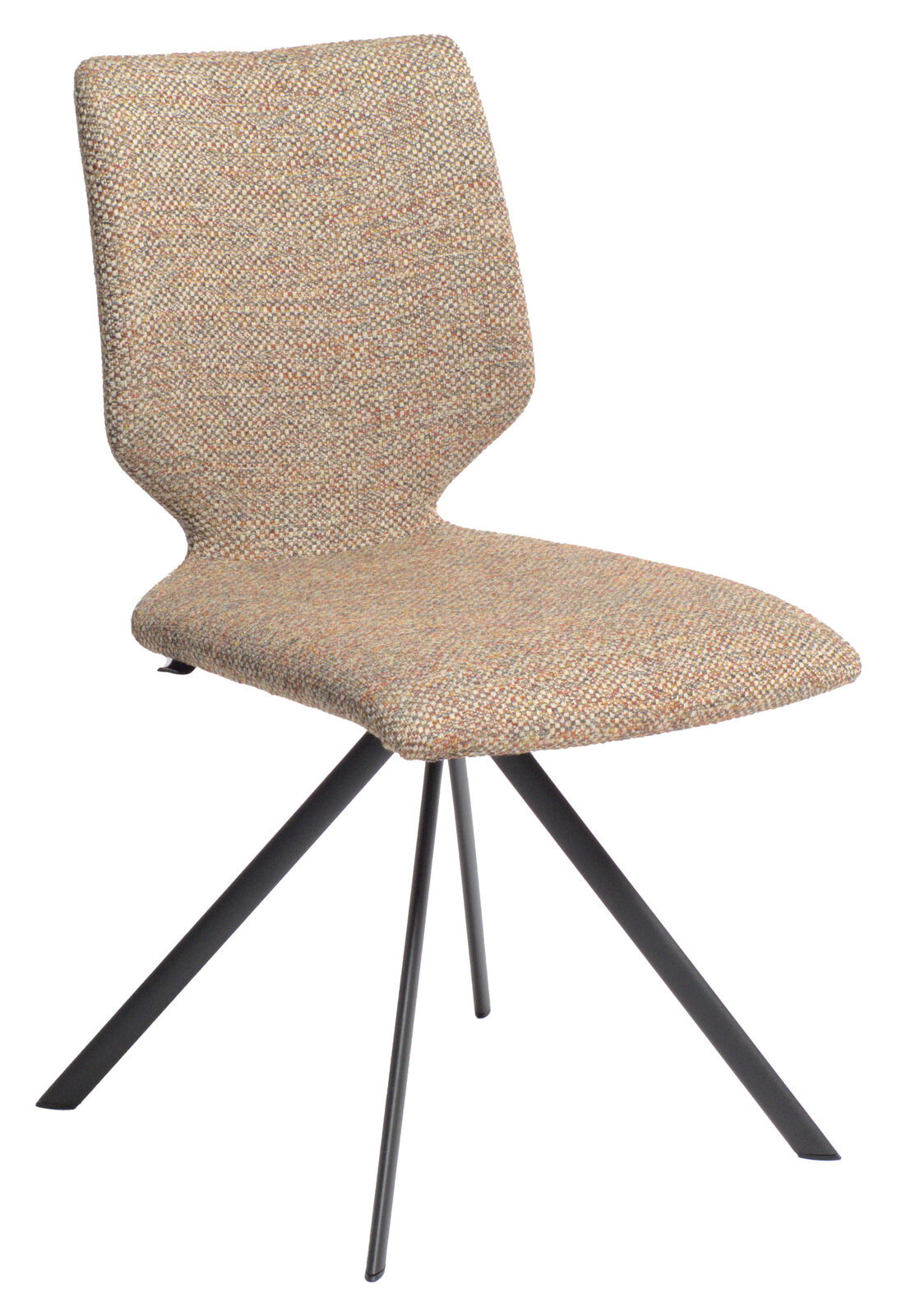 Moderner Stuhl Venjakob ARTHUR mit gepolsterter Sitzfläche und Rückenlehne in beige-meliertem Stoff, auf schwarzem Metallgestell, seitliche Perspektive