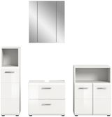 Moderne Badkombination bestehend aus einem Spiegelschrank, einem Hochschrank, einem Waschtischunterschrank und einem Unterschrank, alle in weißem Hochglanzdesign, frontal abgebildet.
