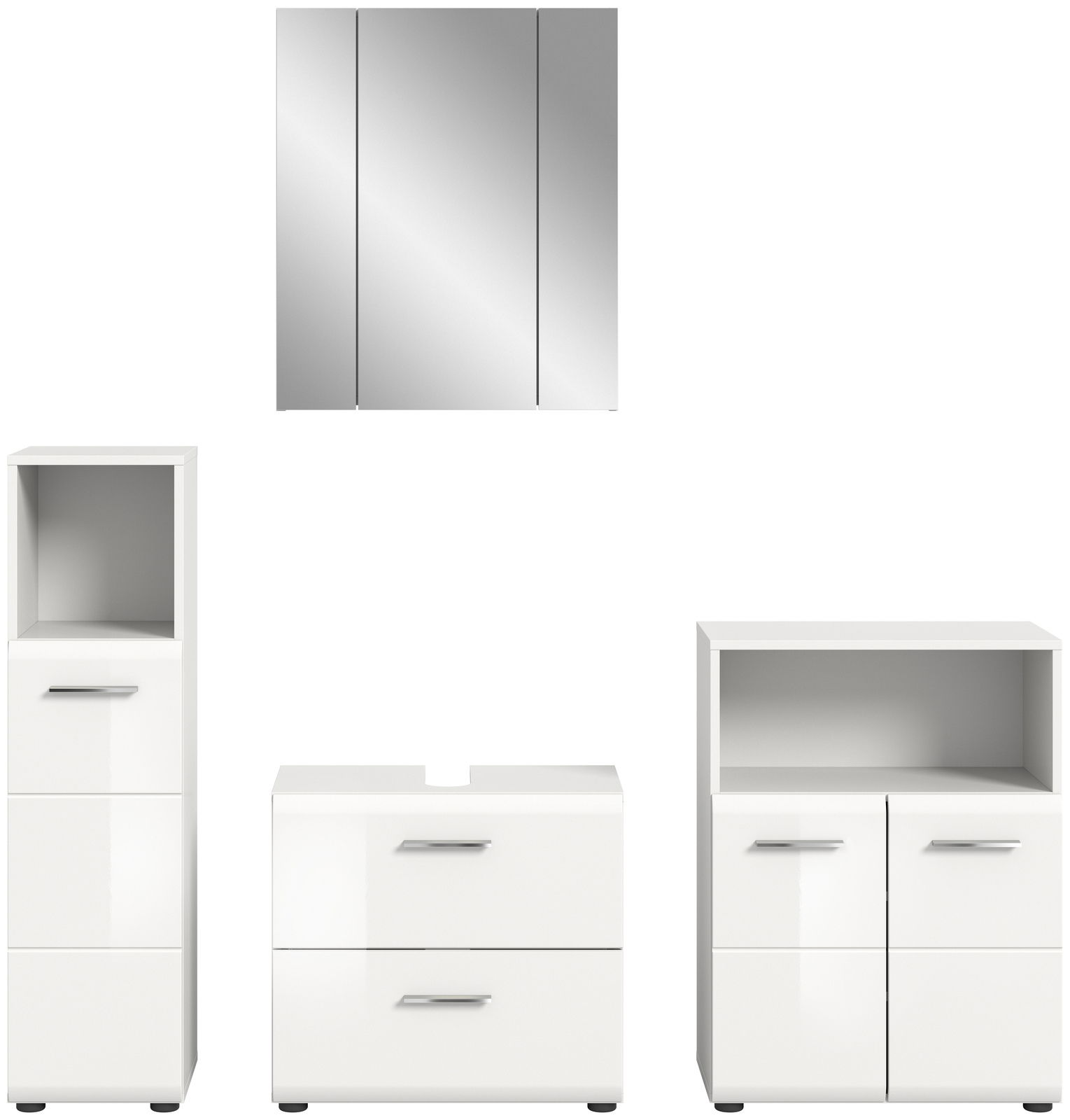 Moderne Badkombination bestehend aus einem Spiegelschrank, einem Hochschrank, einem Waschtischunterschrank und einem Unterschrank, alle in weißem Hochglanzdesign, frontal abgebildet.