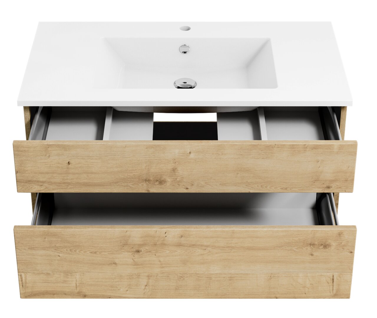 Waschtisch mit Holzoptik und zwei offenen Schubladen, Frontalansicht