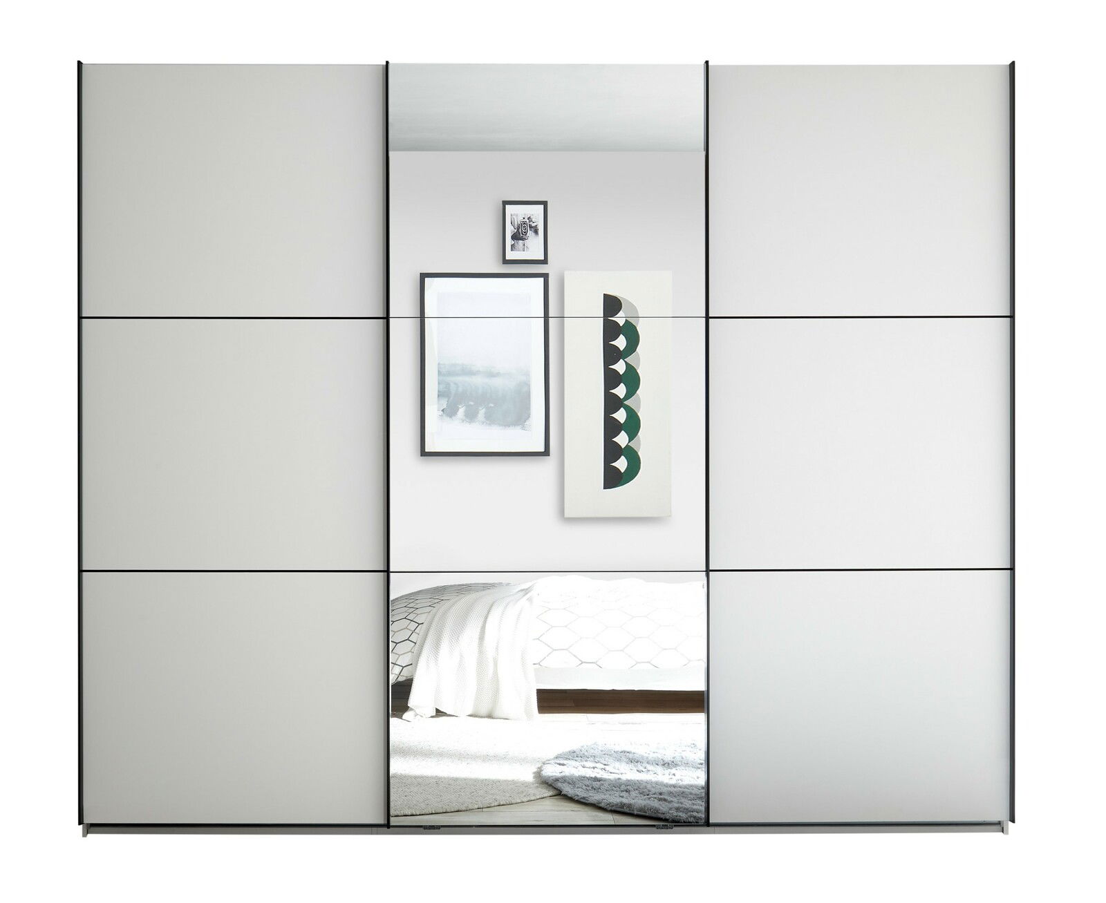 Moderner Schwebetürenschrank mit Spiegel in der Mitte, frontal betrachtet.