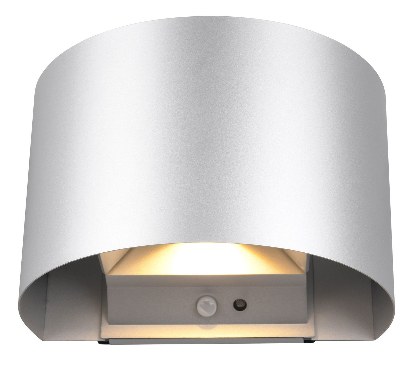 Silberne Akku-Wandleuchte TALENT, frontal betrachtet, mit modernem, gebogenem Design und warmem Licht.