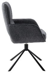 Seitenansicht eines grauen Armlehnstuhls mit schwarzem Metallgestell und vier Beinen.