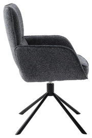 Seitenansicht eines grauen Armlehnstuhls mit schwarzem Metallgestell und vier Beinen.