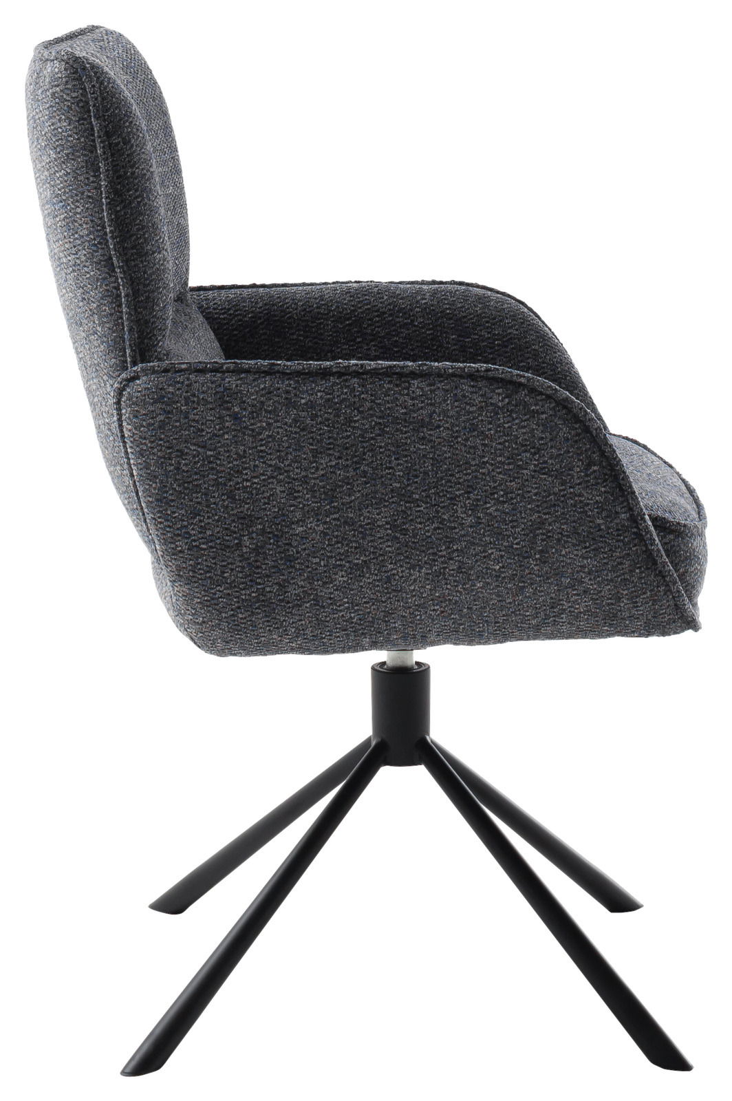 Seitenansicht eines grauen Armlehnstuhls mit schwarzem Metallgestell und vier Beinen.