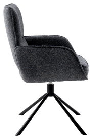 Seitenansicht eines grauen Armlehnstuhls mit schwarzem Metallgestell und vier Beinen.