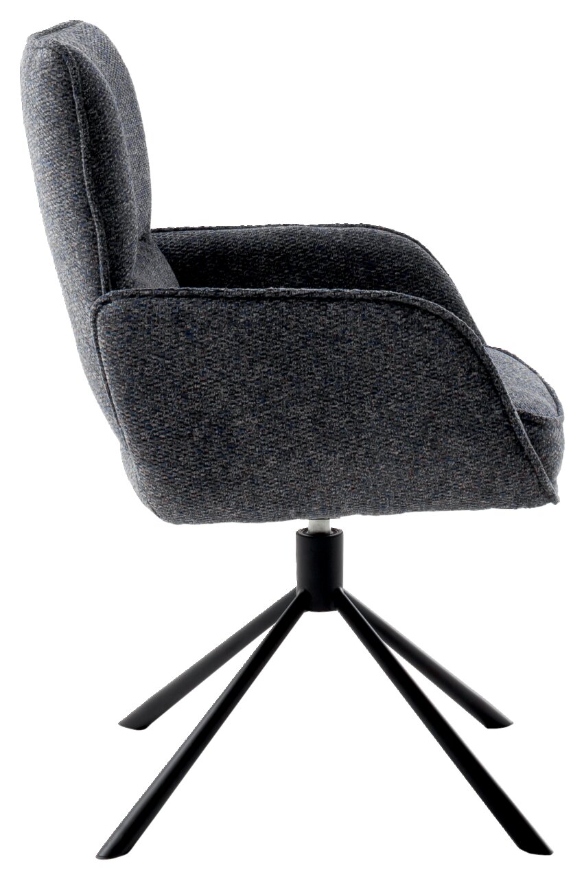 Seitenansicht eines grauen Armlehnstuhls mit schwarzem Metallgestell und vier Beinen.