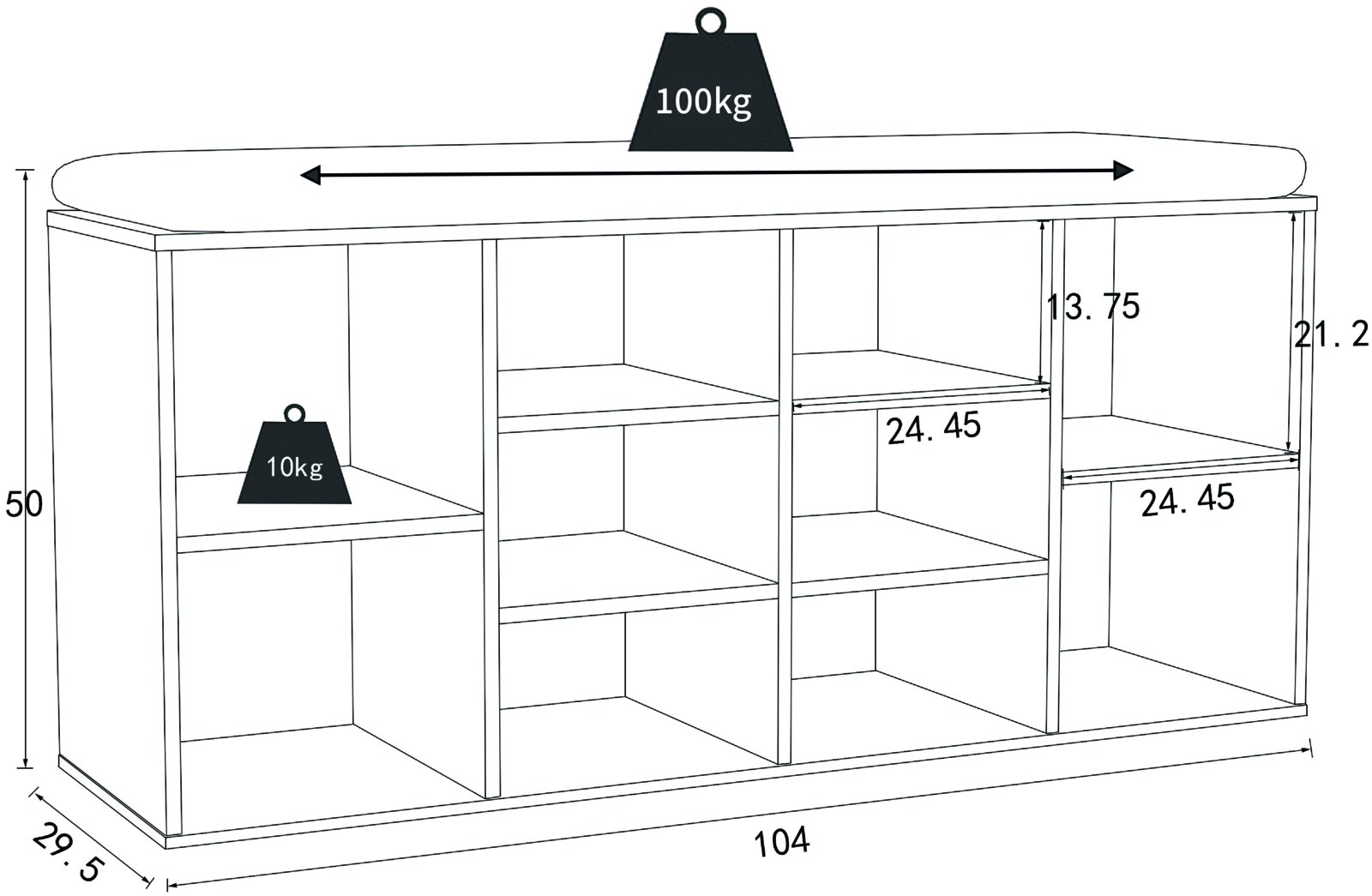Technische Zeichnung eines offenen Sideboards/Regals mit mehreren Fächern und Einlegeböden, Maße ca. 104 × 29,5 × 50 cm, Traglast oben 100 kg und pro Fachboden 10 kg, dargestellt in Frontansicht mit leichter Perspektive von links.