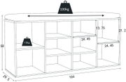 Technische Zeichnung eines offenen Sideboards/Regals mit mehreren Fächern und Einlegeböden, Maße ca. 104 × 29,5 × 50 cm, Traglast oben 100 kg und pro Fachboden 10 kg, dargestellt in Frontansicht mit leichter Perspektive von links.