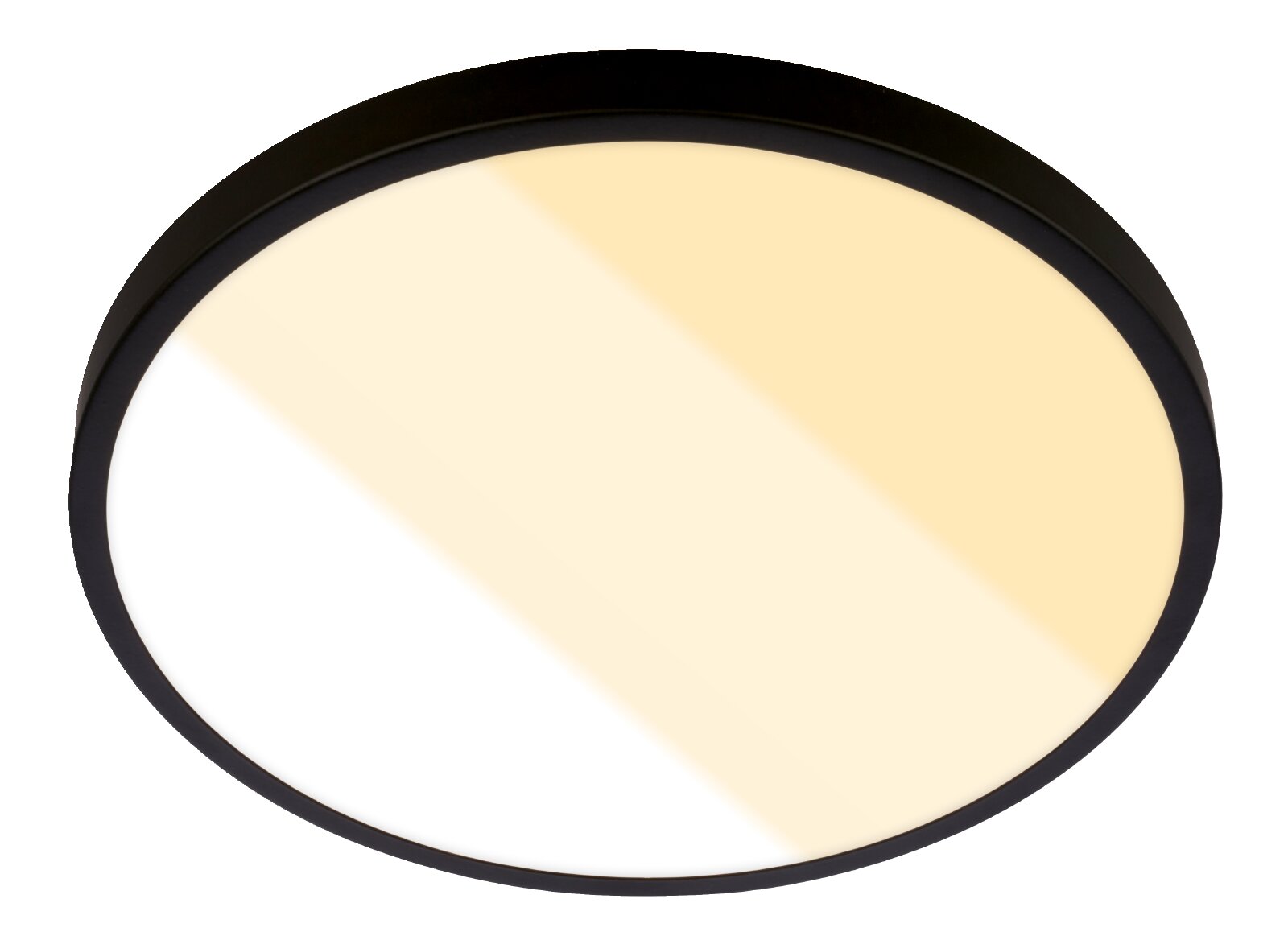 Ronde plafondlamp met matzwarte rand en opaalwitte diffuser, warmwit licht, gefotografeerd in frontaal aanzicht van onderen op witte achtergrond