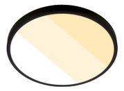 Ronde plafondlamp met matzwarte rand en opaalwitte diffuser, warmwit licht, gefotografeerd in frontaal aanzicht van onderen op witte achtergrond