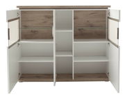 Offenes Highboard mit weißen Türen und Holzelementen, frontale Ansicht