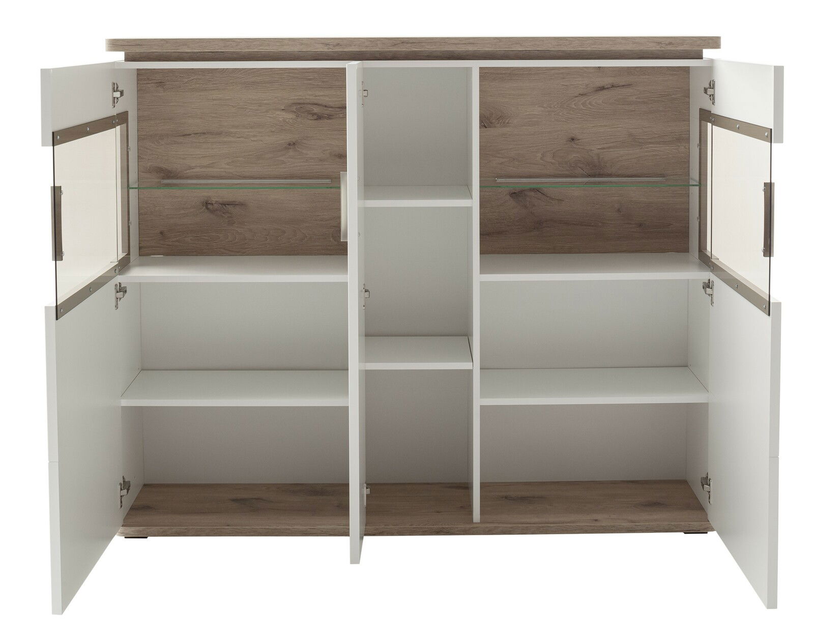 Offenes Highboard mit weißen Türen und Holzelementen, frontale Ansicht