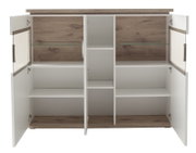 Offenes Highboard mit weißen Türen und Holzelementen, frontale Ansicht