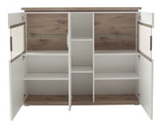 Offenes Highboard mit weißen Türen und Holzelementen, frontale Ansicht