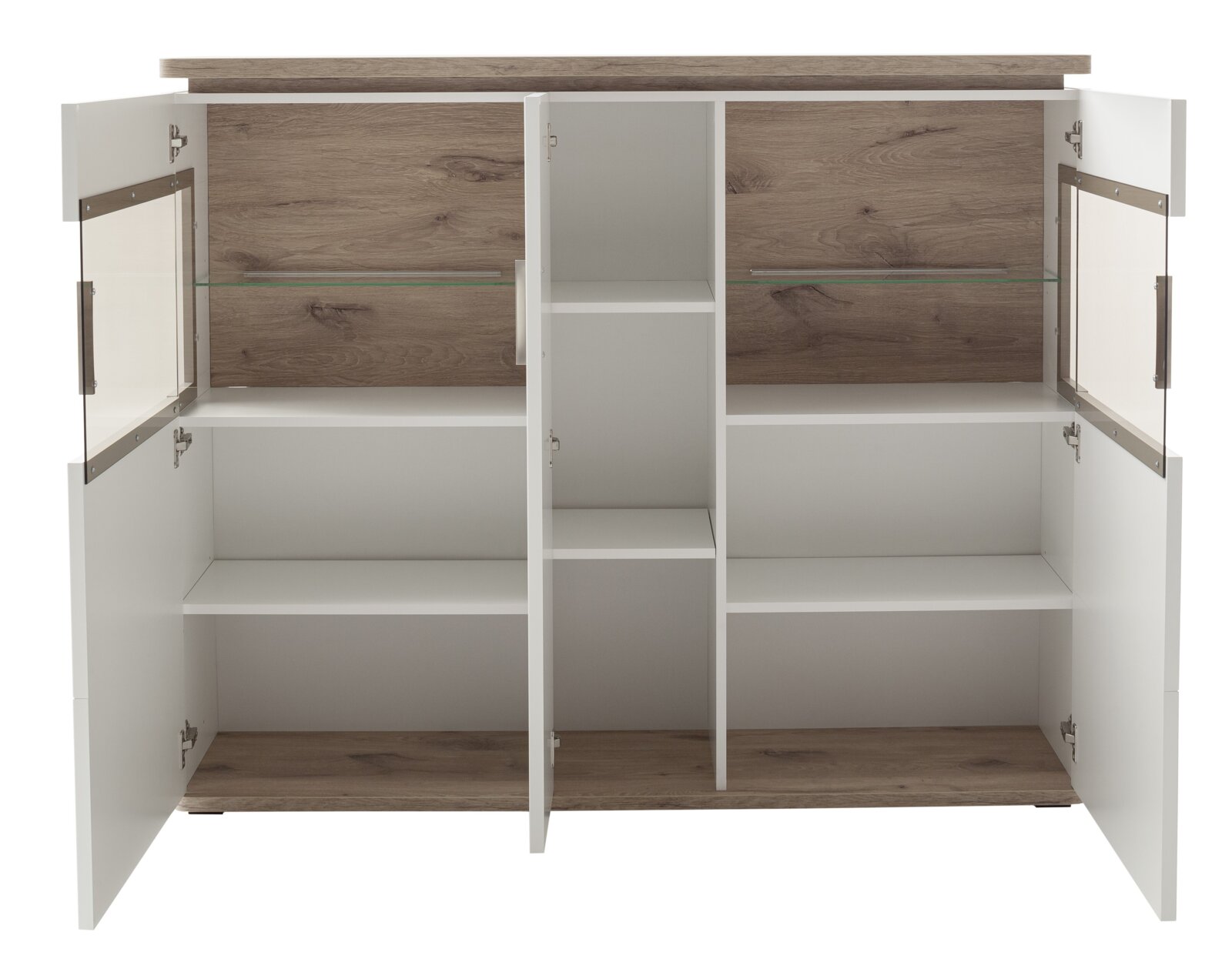 Offenes Highboard mit weißen Türen und Holzelementen, frontale Ansicht