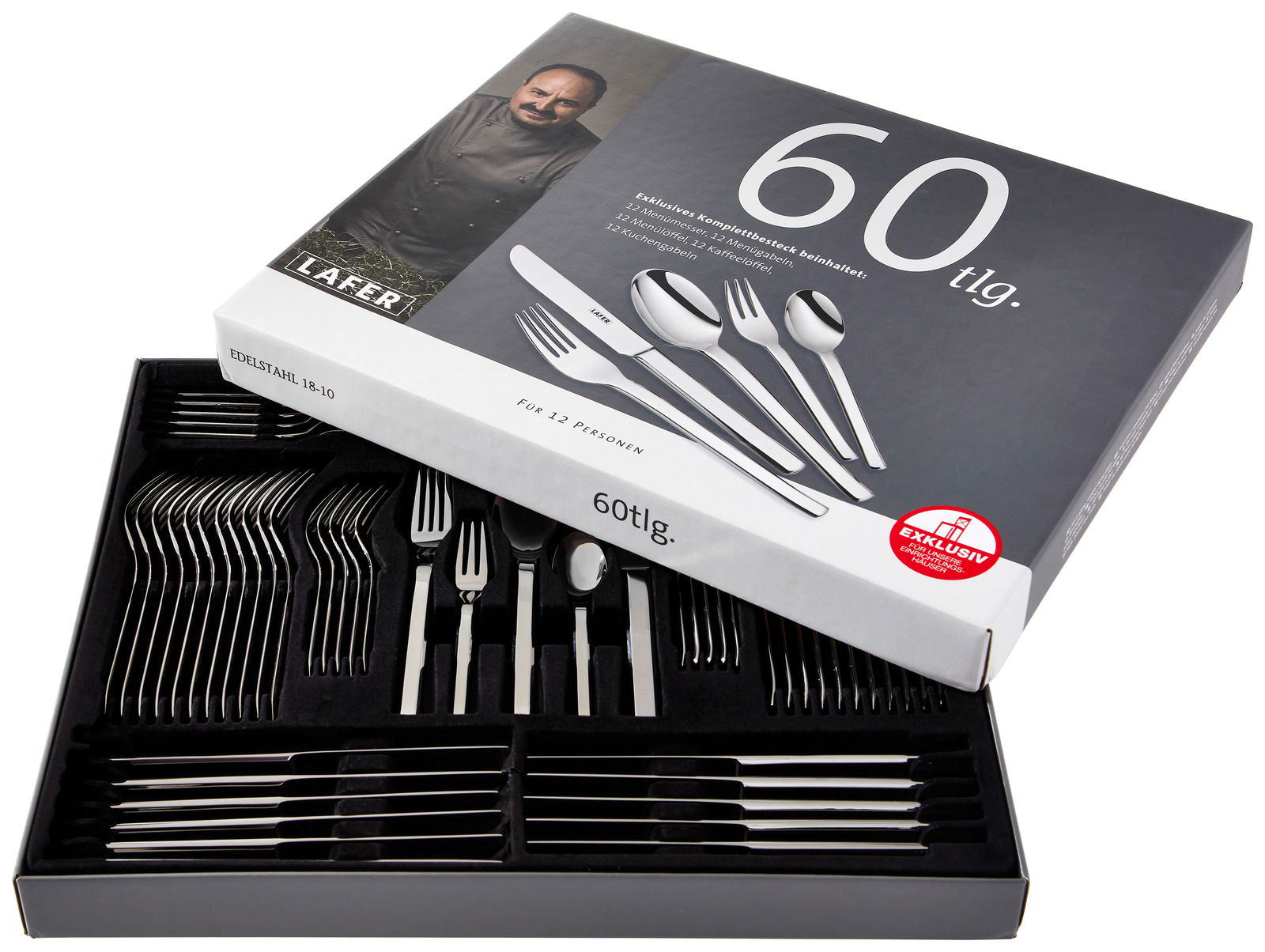 Besteckset Lafer Pure 60-teilig in geöffneter Verpackung, Ansicht von oben