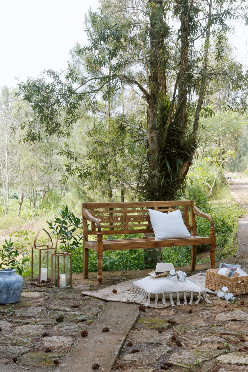 Holzgartenbank mit Kissen, umgeben von Natur, aus seitlicher Perspektive fotografiert.