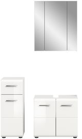 Badezimmermöbel-Set bestehend aus einem dreiteiligen Spiegelschrank, einem hohen Schrank mit zwei Schubladen und einem Unterschrank mit zwei Türen, frontal abgebildet.