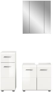Badezimmermöbel-Set bestehend aus einem dreiteiligen Spiegelschrank, einem hohen Schrank mit zwei Schubladen und einem Unterschrank mit zwei Türen, frontal abgebildet.