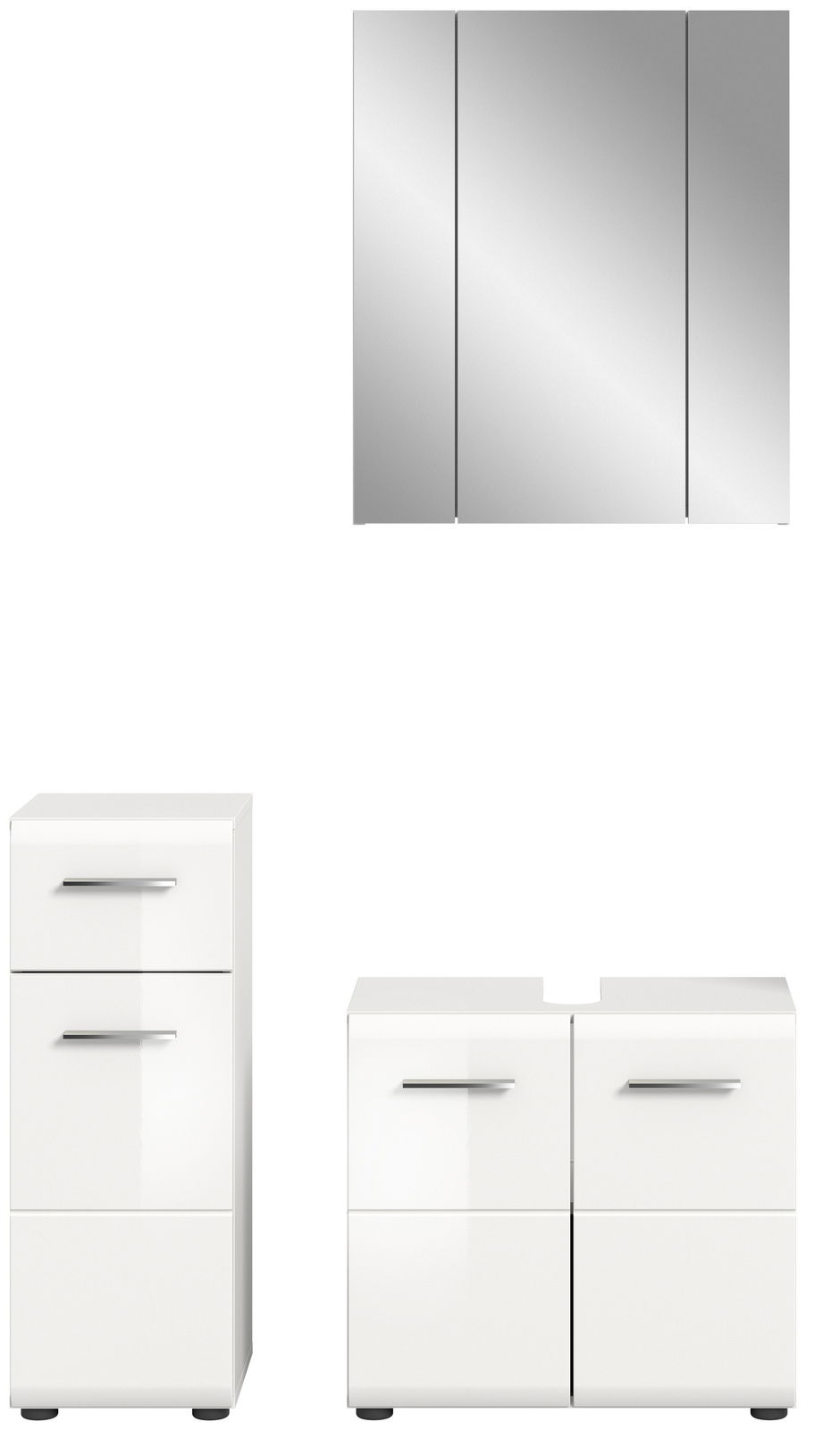 Badezimmermöbel-Set bestehend aus einem dreiteiligen Spiegelschrank, einem hohen Schrank mit zwei Schubladen und einem Unterschrank mit zwei Türen, frontal abgebildet.