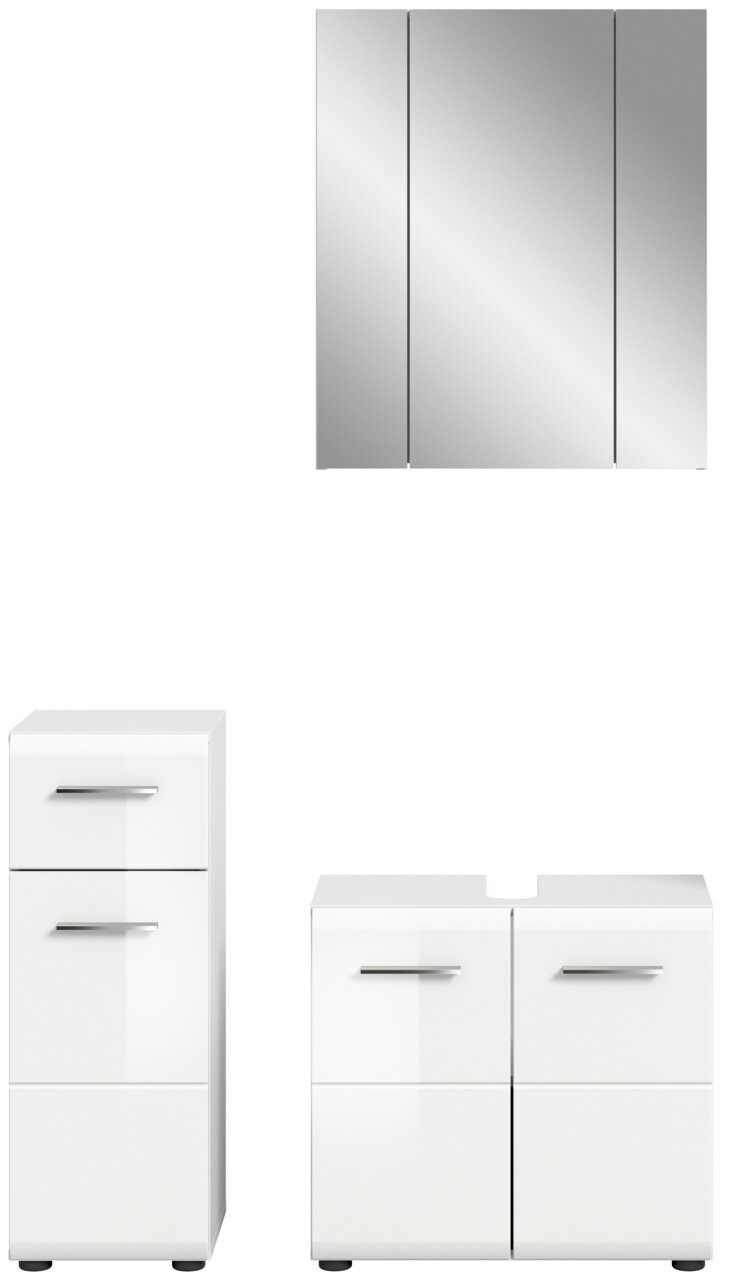 Badezimmermöbel-Set bestehend aus einem dreiteiligen Spiegelschrank, einem hohen Schrank mit zwei Schubladen und einem Unterschrank mit zwei Türen, frontal abgebildet.