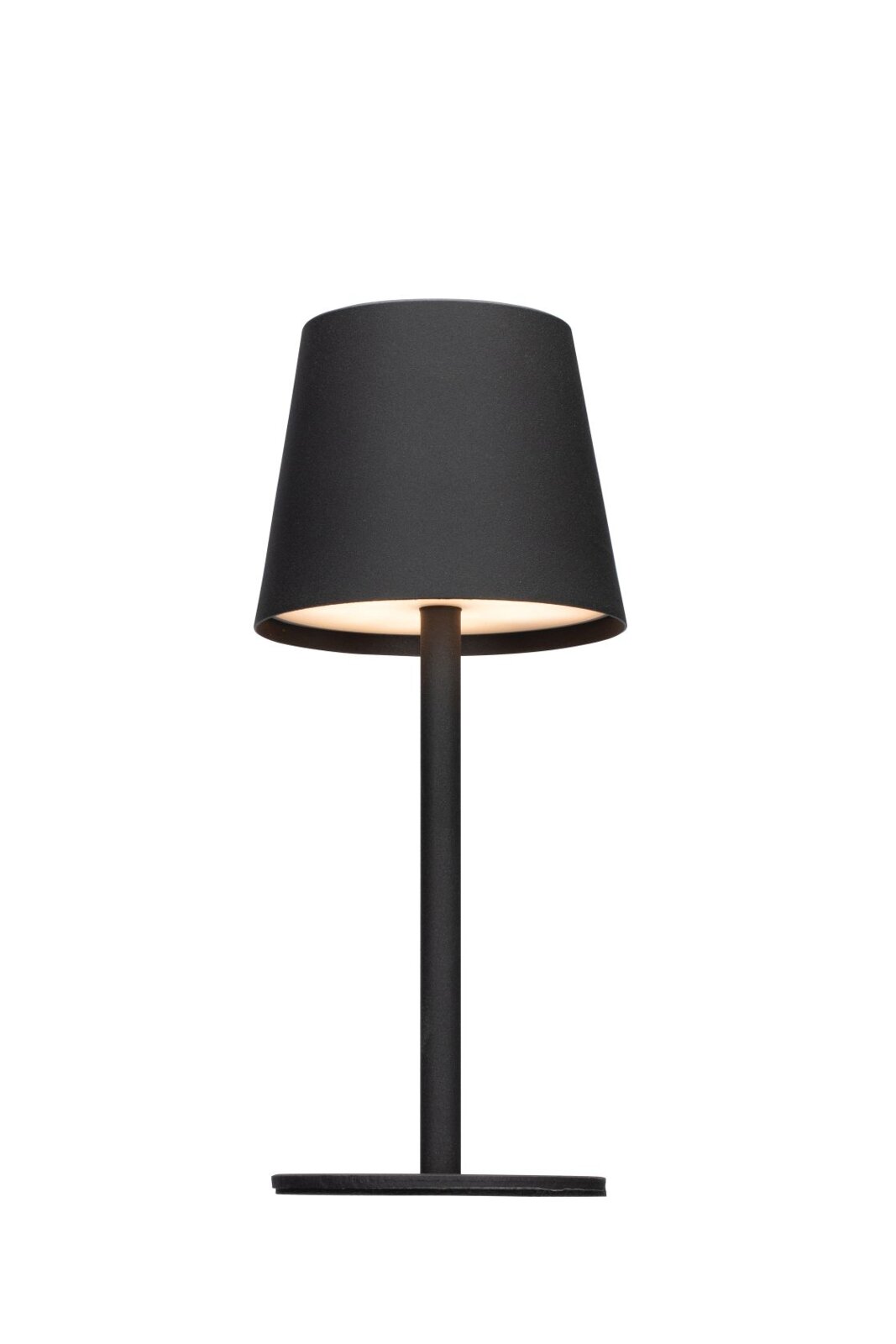 Schwarze Akku-Tischleuchte in minimalistischem Design, frontal abgebildet.