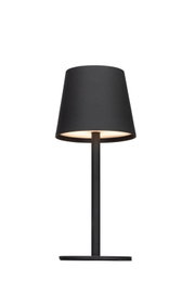 Schwarze Akku-Tischleuchte in minimalistischem Design, frontal abgebildet.