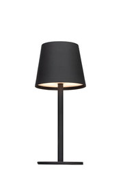 Schwarze Akku-Tischleuchte in minimalistischem Design, frontal abgebildet.