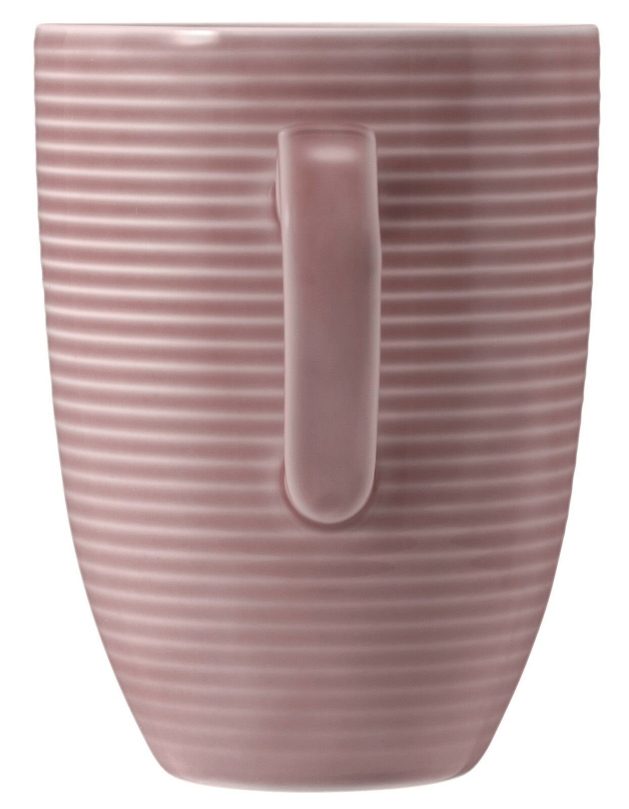 Rosa Becher mit Henkel, geriffelte Oberfläche, seitliche Ansicht